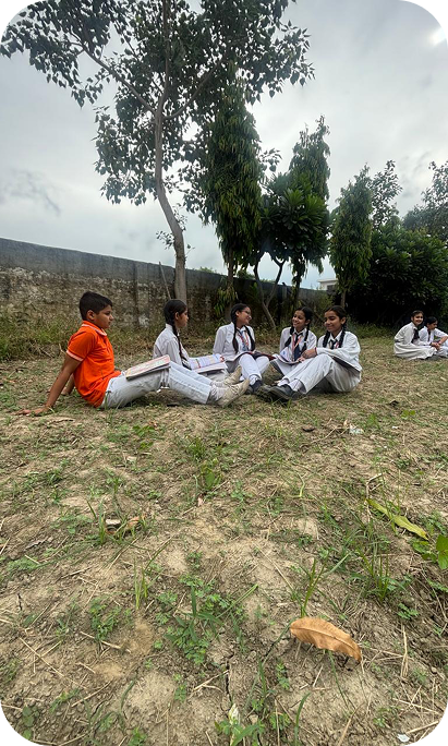 Students relaxing on the school grounds