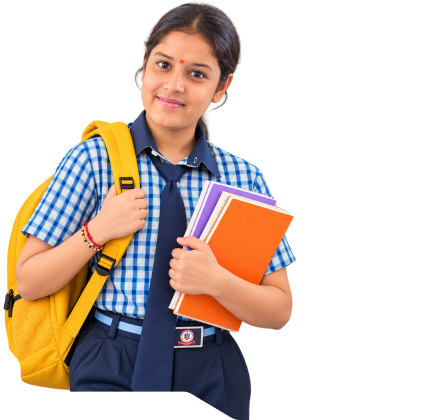 Student with a yellow backpack holding books