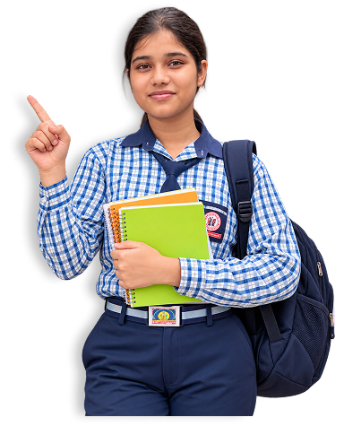 Student pointing upward while holding notebooks